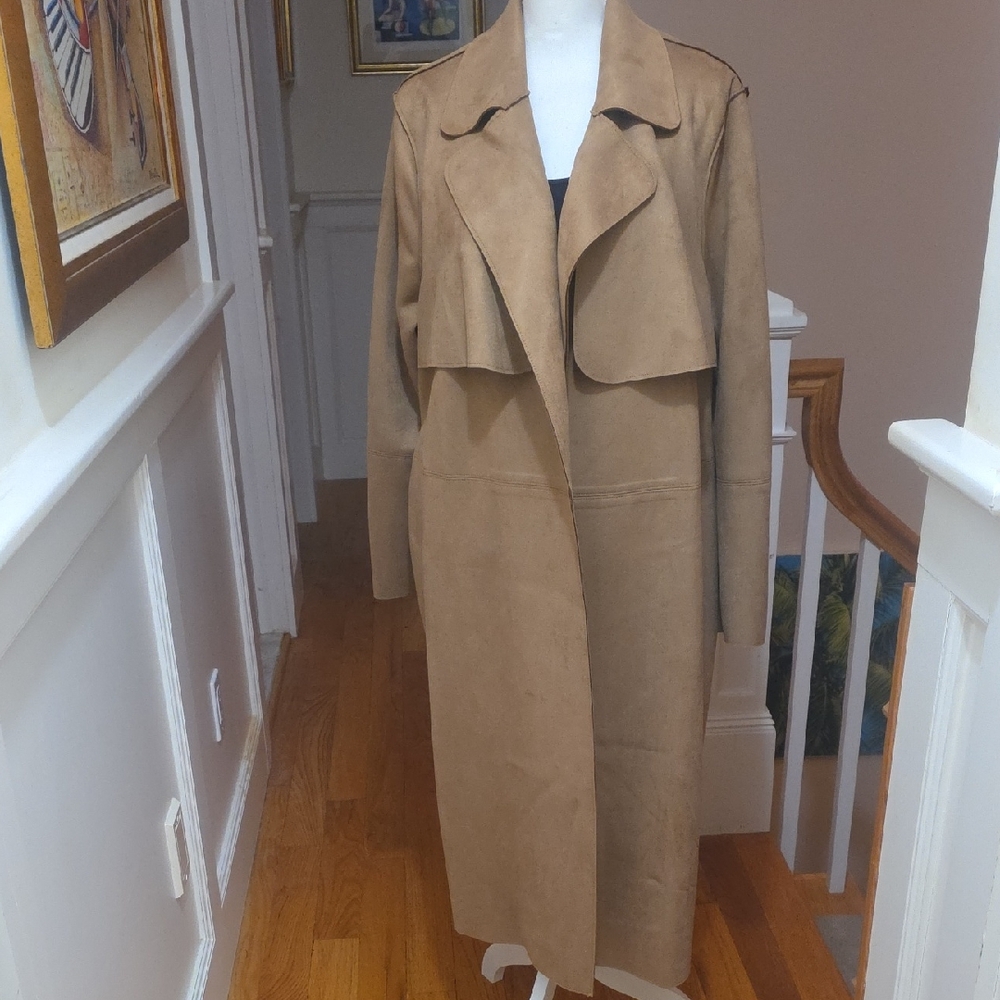 H&M Women's Elegant Camel Trench Coat Faux Suede With Matching Belt